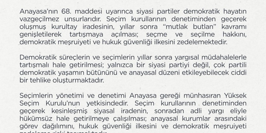Demokratik Anayasal Düzene ve Halk İradesine Yargı Eliyle Müdahale Kabul Edilemez