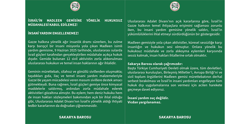 İsrail'in Madleen gemisine yönelik hukuksuz müdahalesi kabul edilemez!